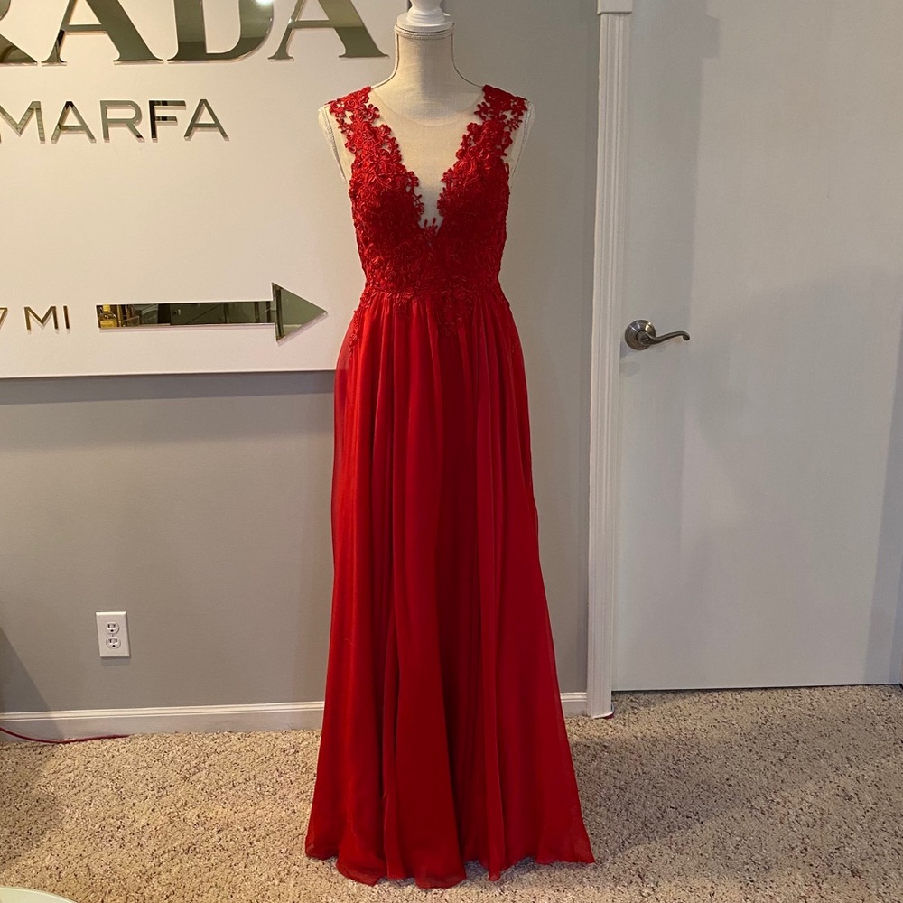 SOLD Catherine Deane Red Lova Lace Illusion Gown